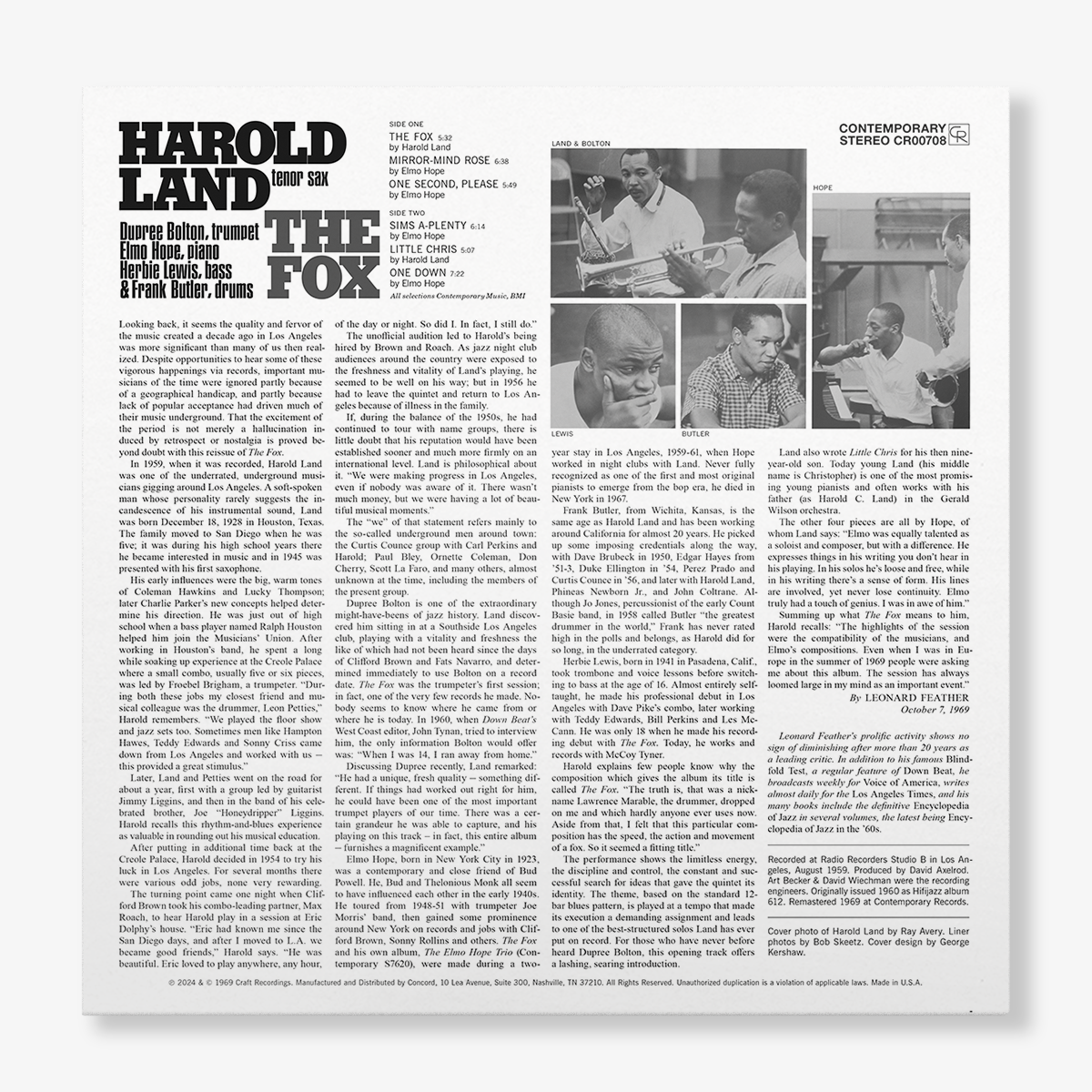 Harold Land - The Fox (Contemporary Records Acoustic Sounds Series) Vinyl > LP Craft Recordings