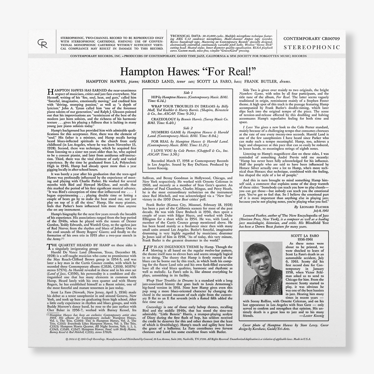 Hampton Hawes - For Real! (Contemporary Records Acoustic Sounds Series) Vinyl > LP Craft Recordings