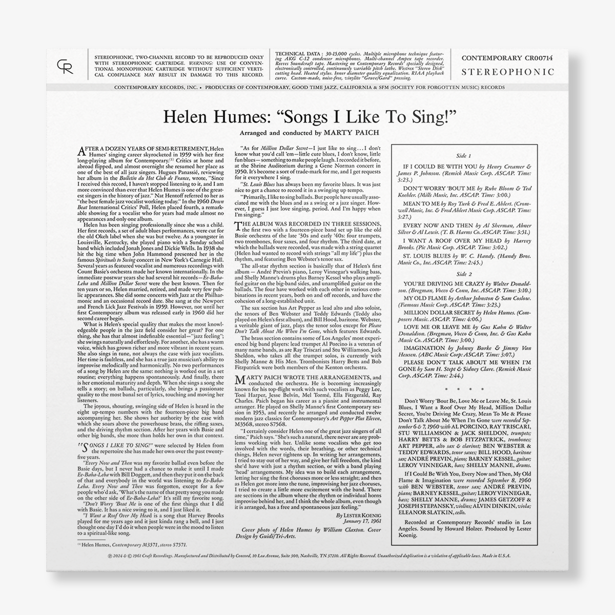 Helen Humes - Songs I Like To Sing! (Contemporary Records Acoustic Sounds Series) Vinyl > LP Craft Recordings