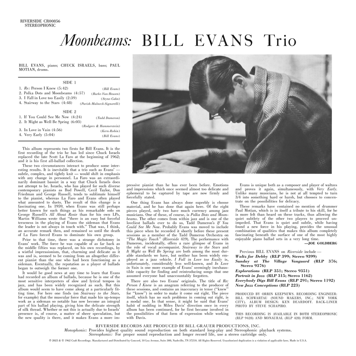 Bill Evans Trio - Moon Beams (Original Jazz Classics Series) Vinyl > LP Craft Recordings
