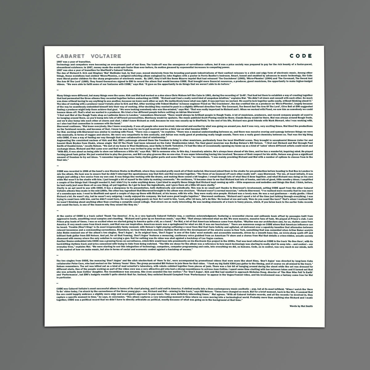 Cabaret Voltaire - Code, two-page insert with new sleeve notes