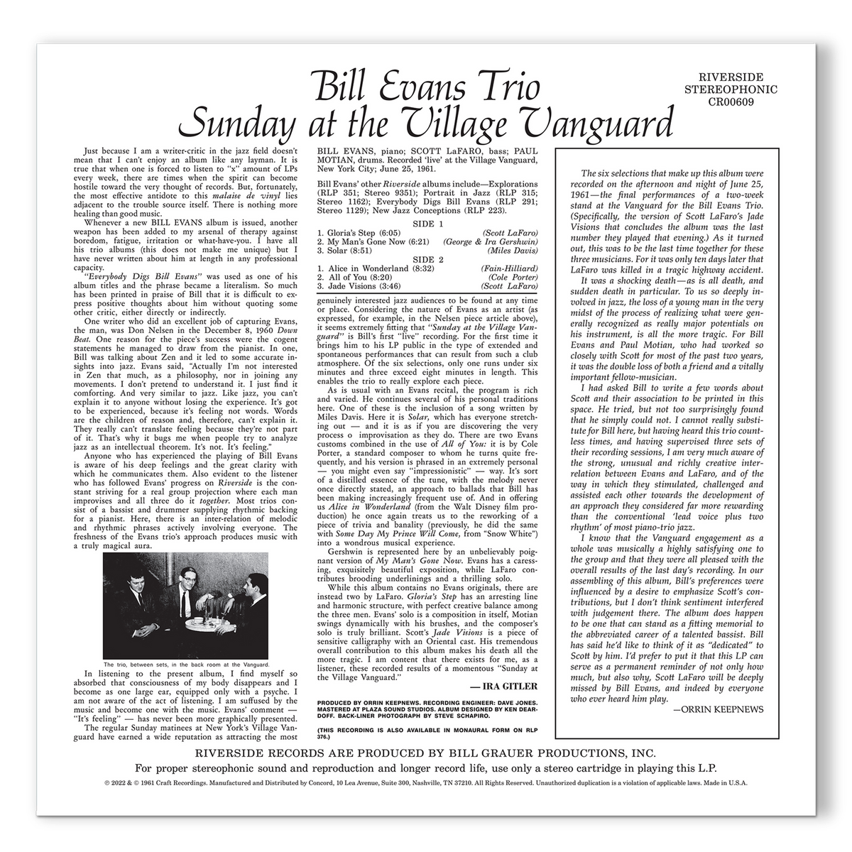 Bill Evans Trio - Sunday At The Village Vanguard (Original Jazz Classics Series) Vinyl > LP Craft Recordings
