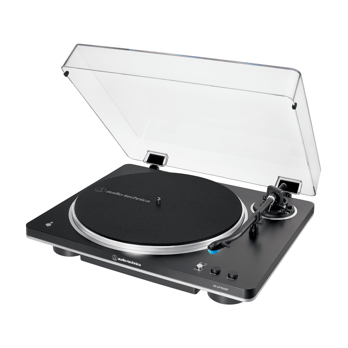 Audio-Technica AT-LP70XBT Bluetooth turntable in Black/Silver, angled view