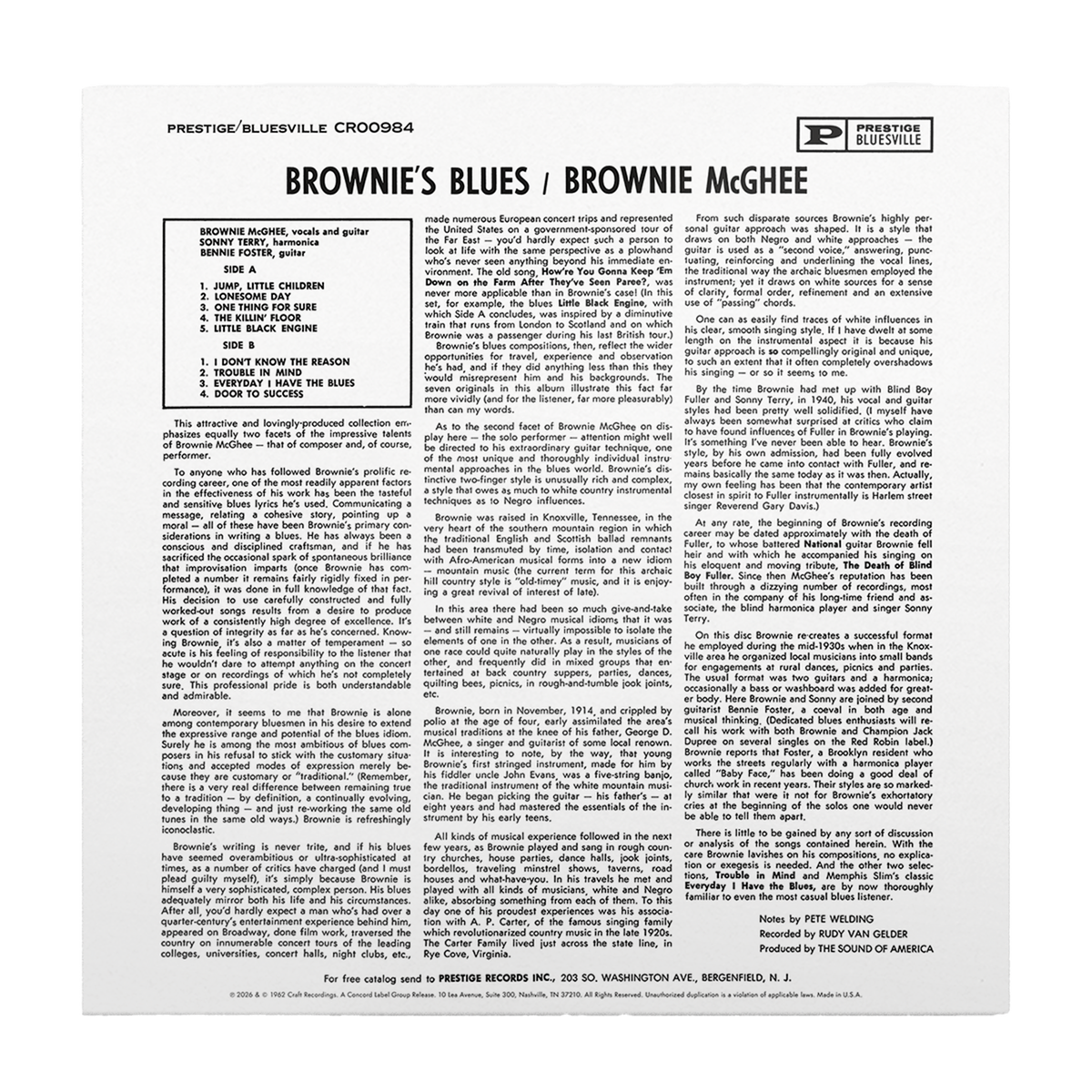 Brownie McGhee - Brownie's Blues (Bluesville Acoustic Sounds Series) Vinyl > LP Craft Recordings