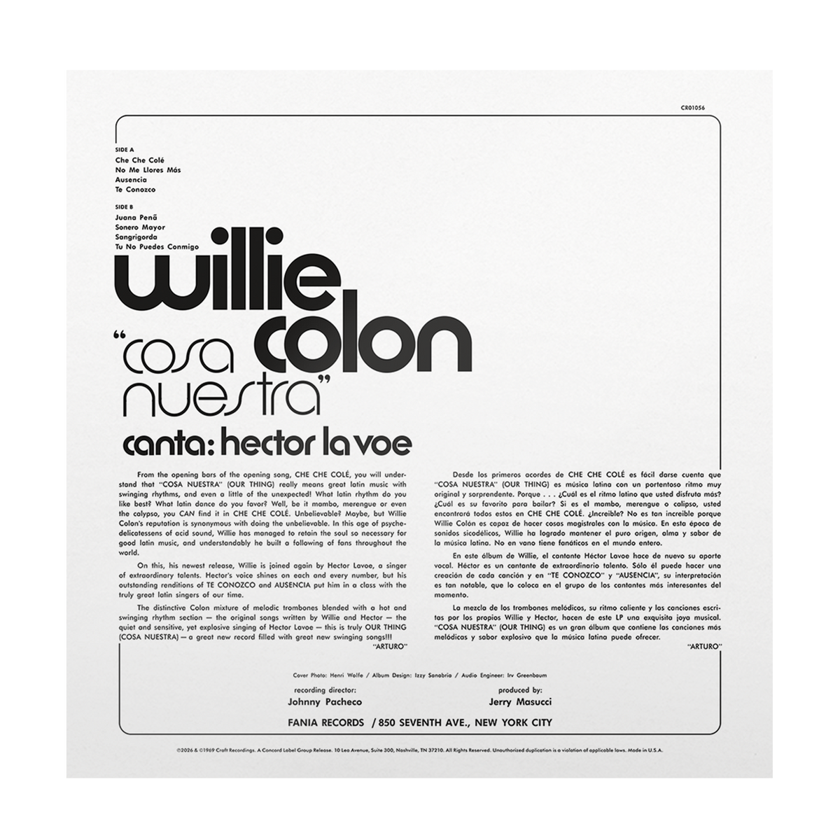 Willie Colón & Héctor Lavoe - Cosa Nuestra (Black Vinyl) back cover