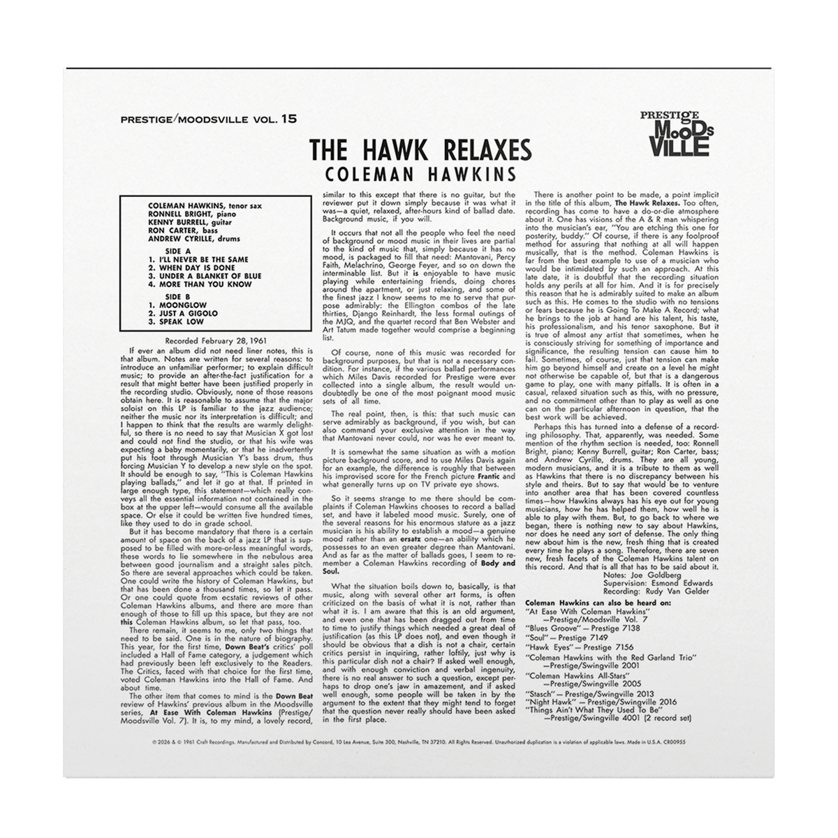 Coleman Hawkins - The Hawk Relaxes (Moodsville Acoustic Sounds Series Vinyl) Vinyl > LP Craft Recordings
