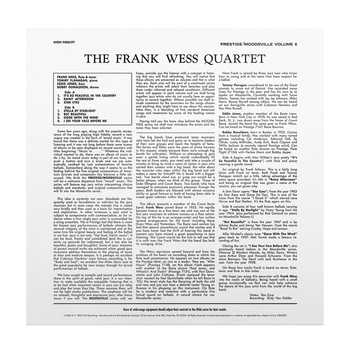 The Frank Wess Quartet - Moodsville, Volume 8 (Moodsville Acoustic Sounds Series Vinyl) Vinyl > LP Craft Recordings