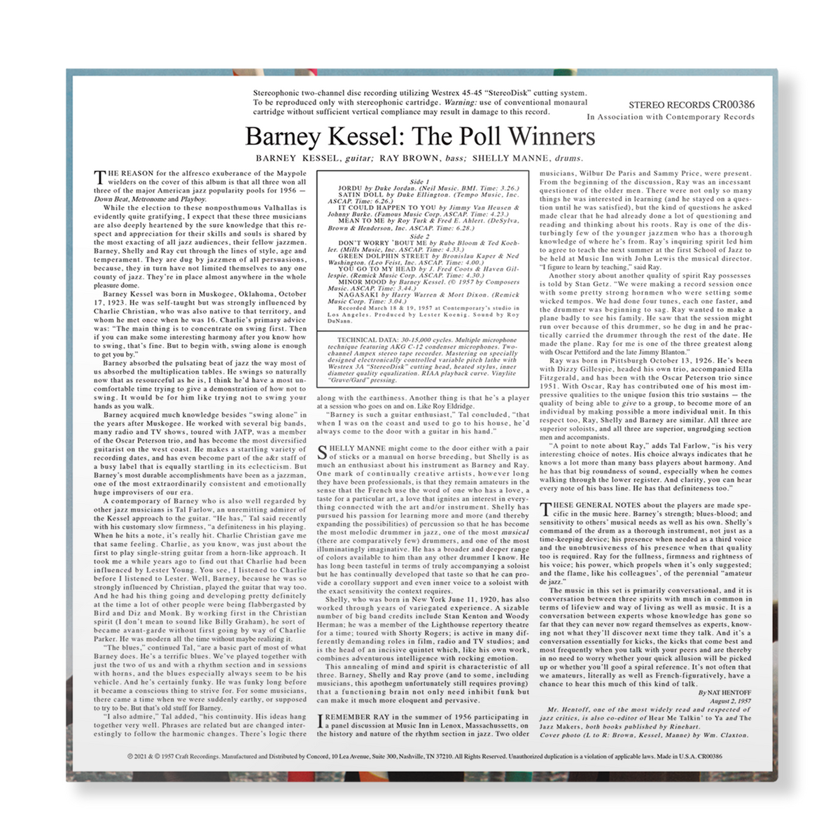 Barney Kessel with Shelly Manne and Ray Brown - The Poll Winners (Contemporary Records Acoustic Sounds Series Vinyl) Vinyl > LP Craft Recordings