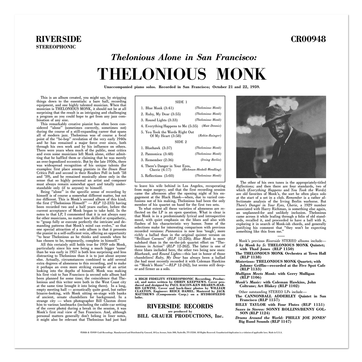 Thelonious Monk - Thelonious Alone in San Francisco (Original Jazz Classics Series Vinyl)