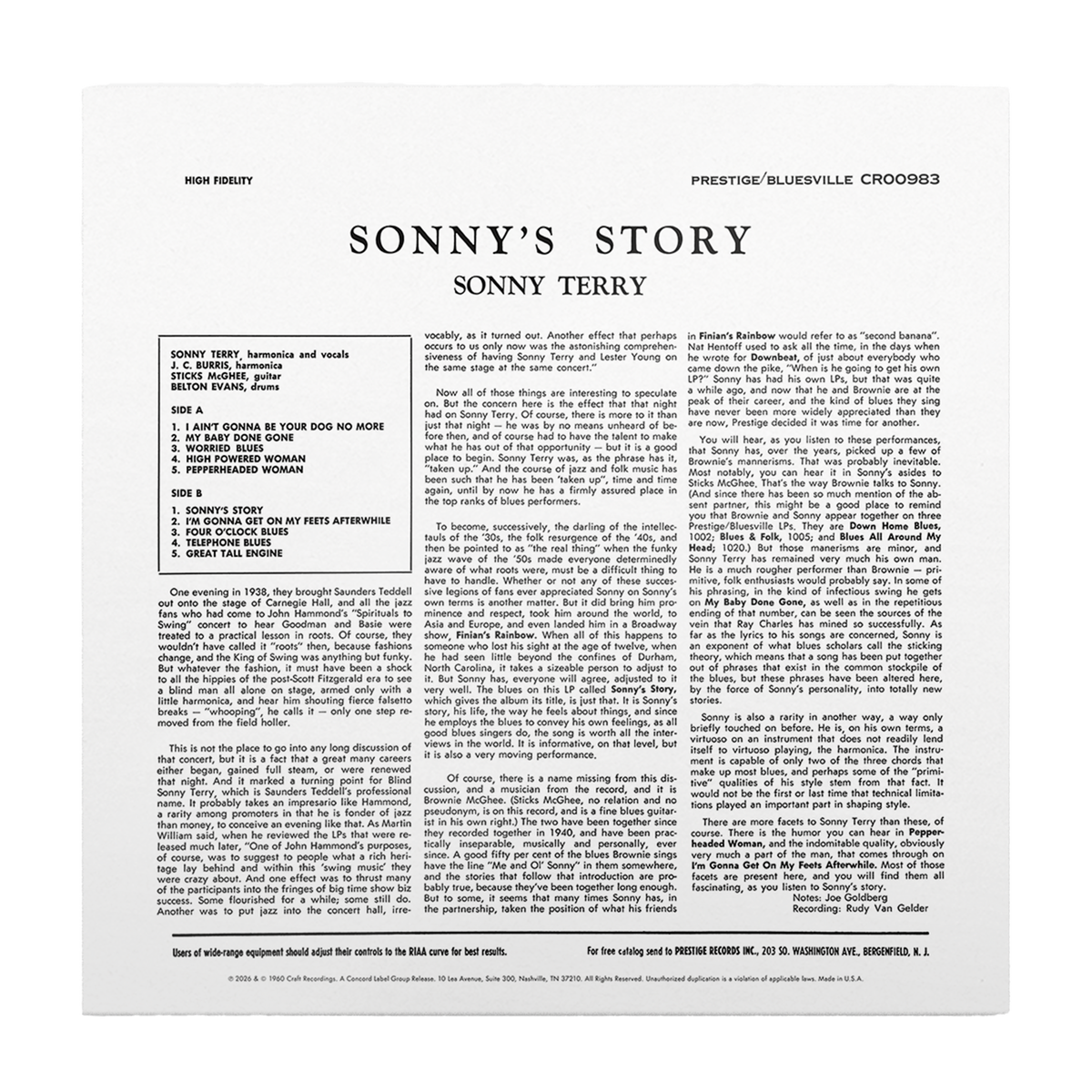 Sonny Terry - Sonny's Story (Bluesville Acoustic Sounds Series) Vinyl > LP Craft Recordings